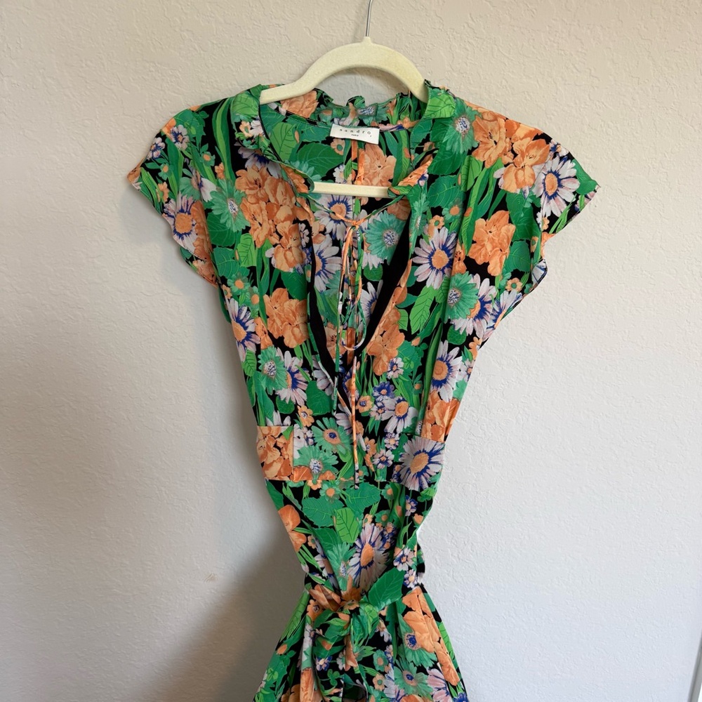 Sandro Maline Floral Print Silk Dress Verdant
Garden Green Midi Ruffle Sleeve M - Picture 3 of 8